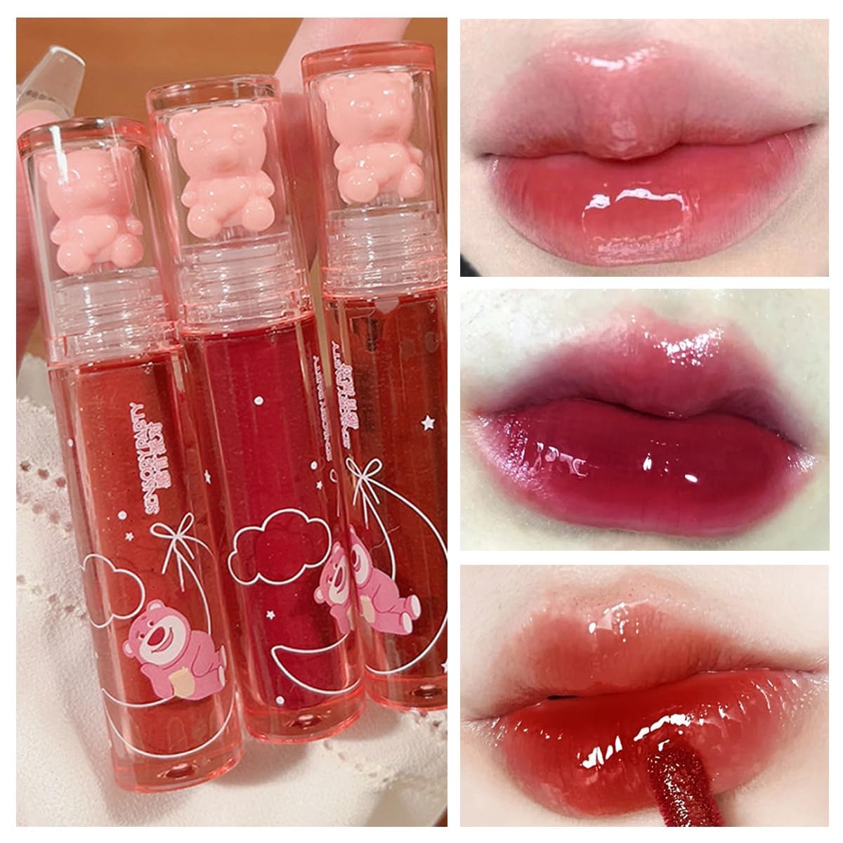 6Pcs Jelly Lip Gloss Bear Lip Stain Moisturizing Watery Lipstick Waterproof Long Lasting Cheek Cosmetics Beauty Lip Tint Makeup