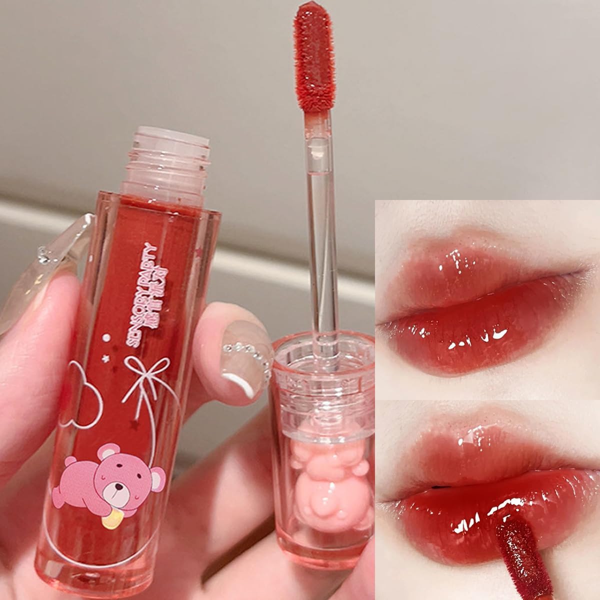 6Pcs Jelly Lip Gloss Bear Lip Stain Moisturizing Watery Lipstick Waterproof Long Lasting Cheek Cosmetics Beauty Lip Tint Makeup