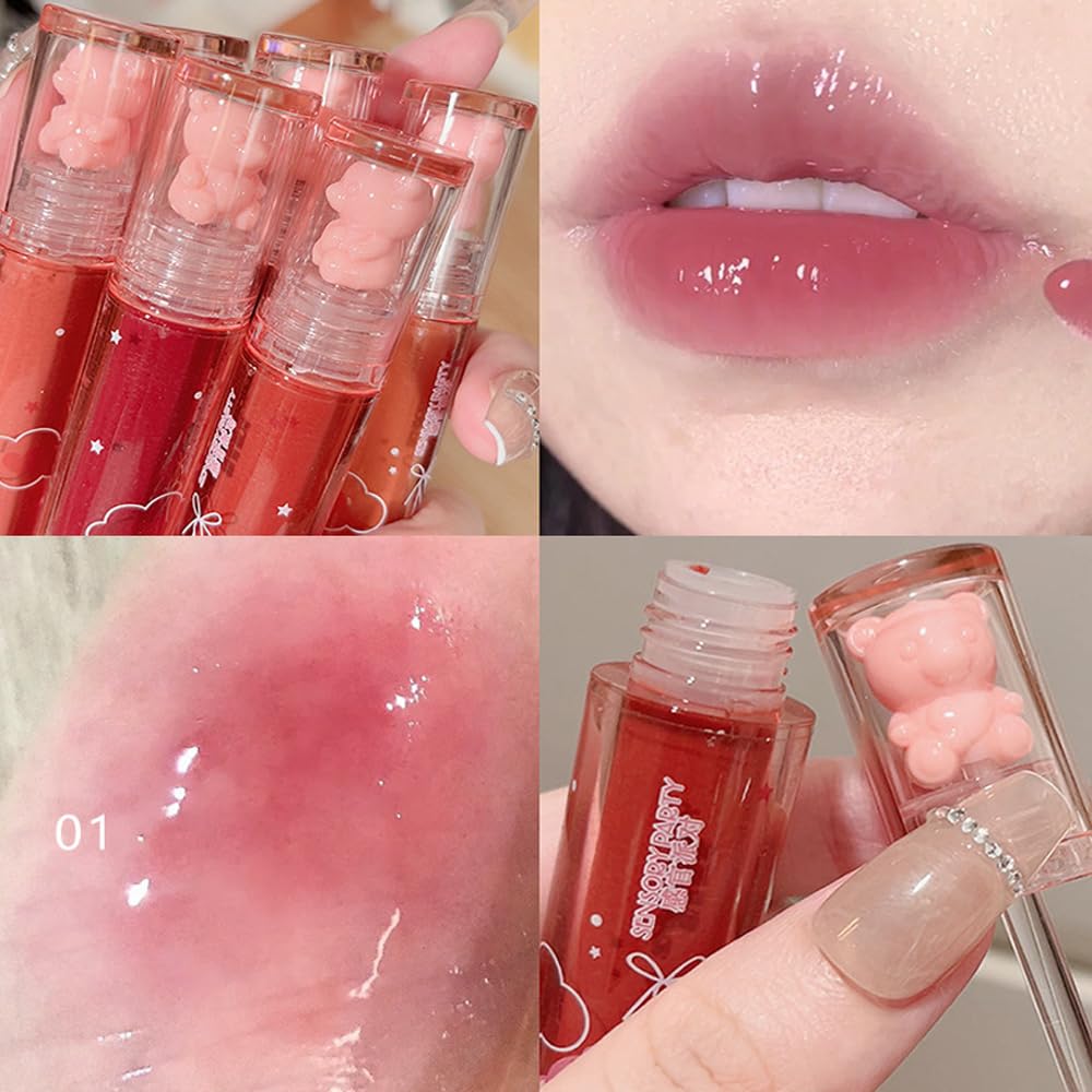 6Pcs Jelly Lip Gloss Bear Lip Stain Moisturizing Watery Lipstick Waterproof Long Lasting Cheek Cosmetics Beauty Lip Tint Makeup