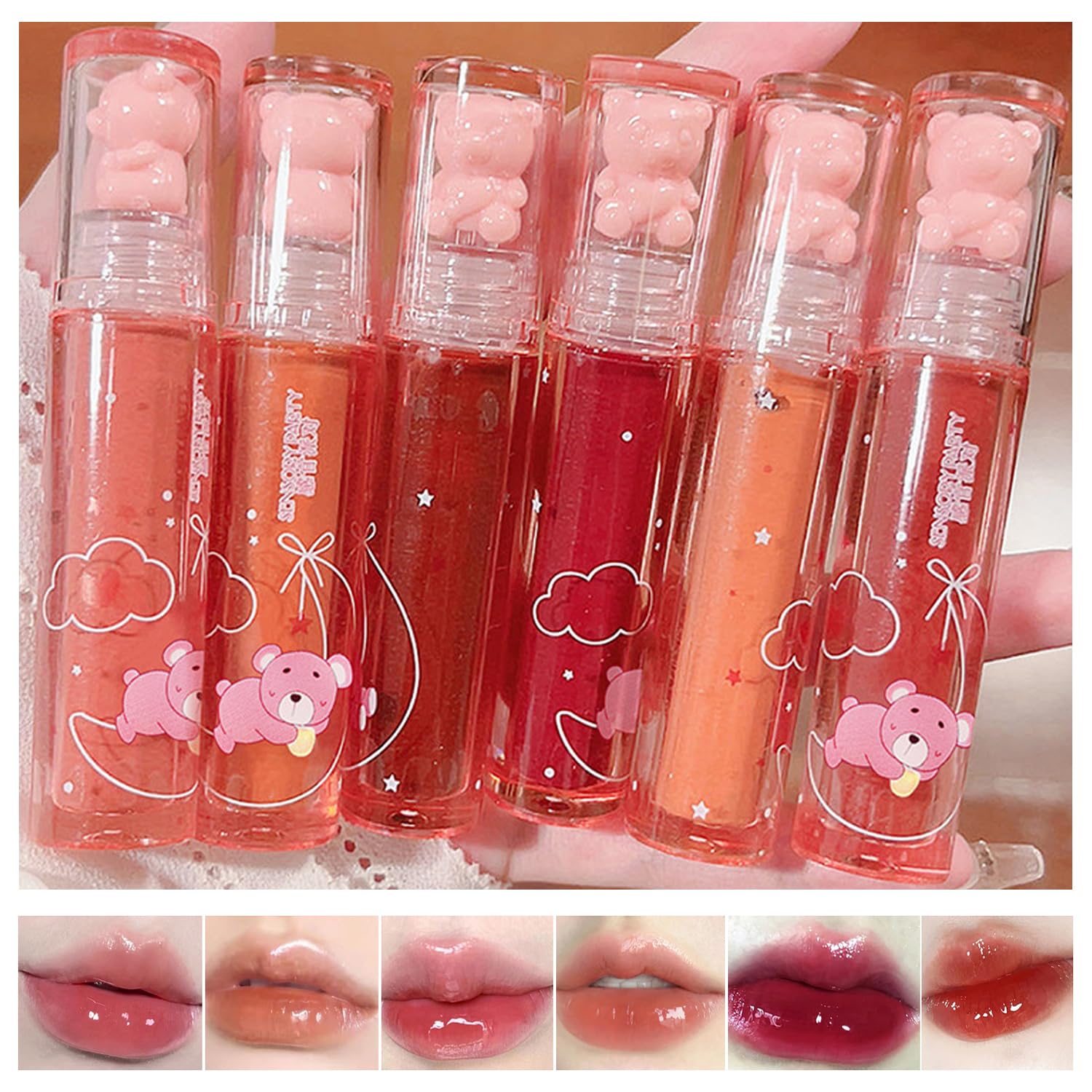 6Pcs Jelly Lip Gloss Bear Lip Stain Moisturizing Watery Lipstick Waterproof Long Lasting Cheek Cosmetics Beauty Lip Tint Makeup