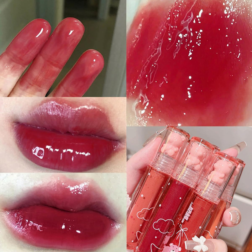 6Pcs Jelly Lip Gloss Bear Lip Stain Moisturizing Watery Lipstick Waterproof Long Lasting Cheek Cosmetics Beauty Lip Tint Makeup