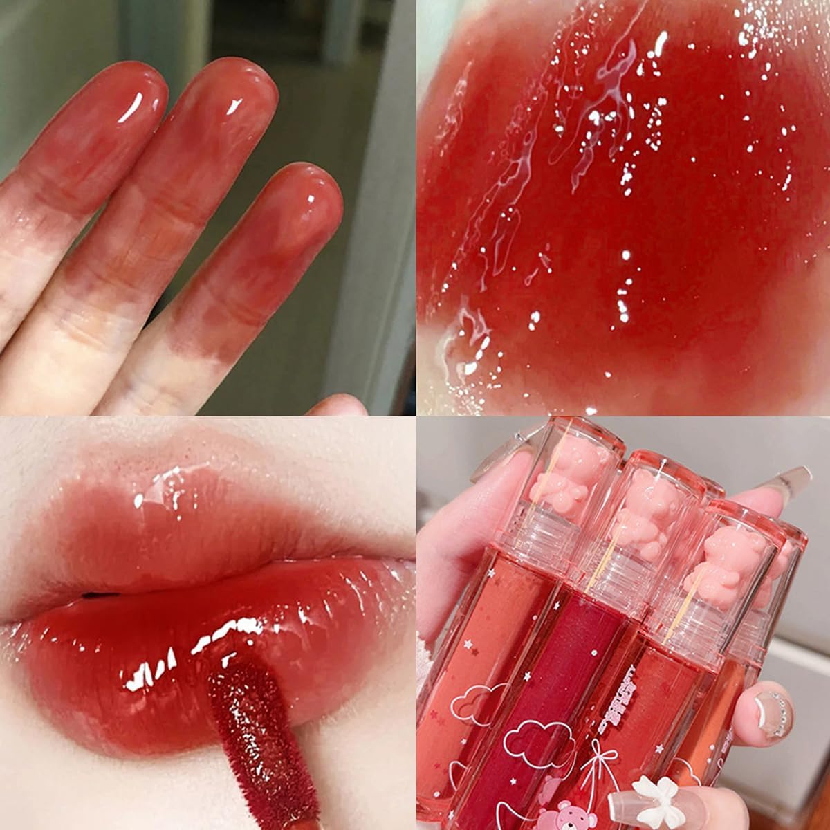 6Pcs Jelly Lip Gloss Bear Lip Stain Moisturizing Watery Lipstick Waterproof Long Lasting Cheek Cosmetics Beauty Lip Tint Makeup